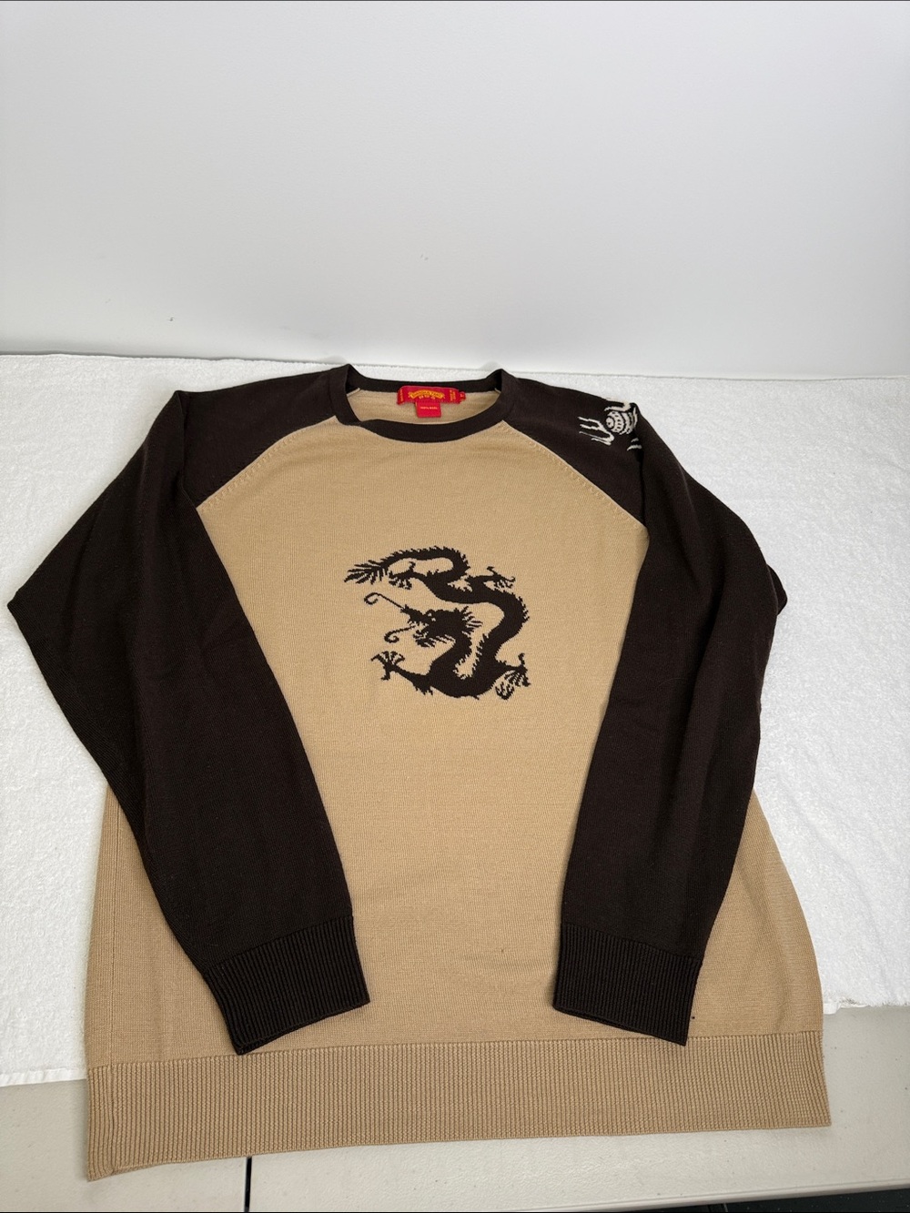 Shanghai Tang Beige Wool Crewneck with Dark Brown Trim